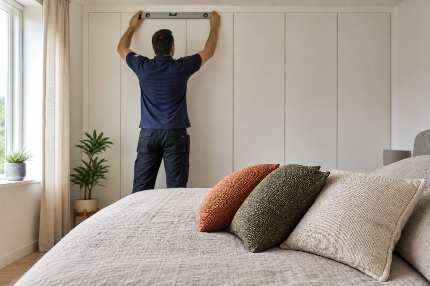 IKEA-meubels laten monteren: monteur stelt een witte PAX-kastwand waterpas in een lichte slaapkamer