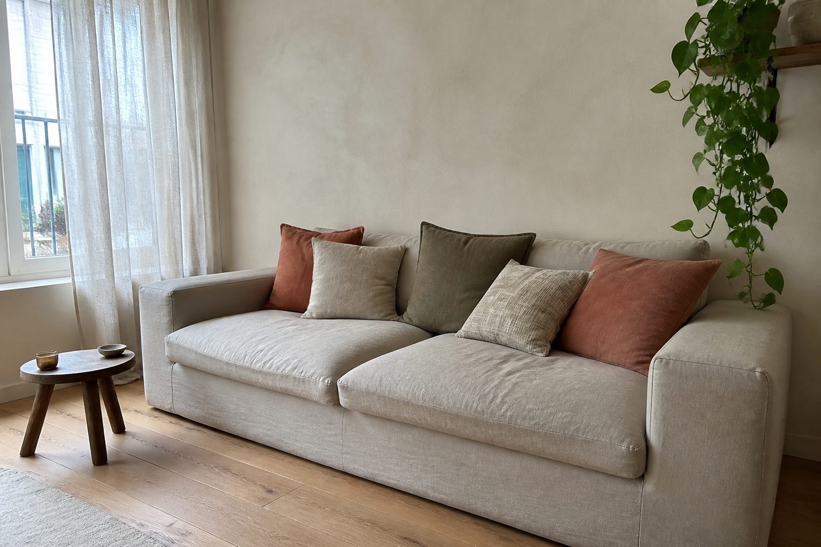 Nederlandse woonkamer met een linnen bank en sierkussens in terracotta, zand en olijf